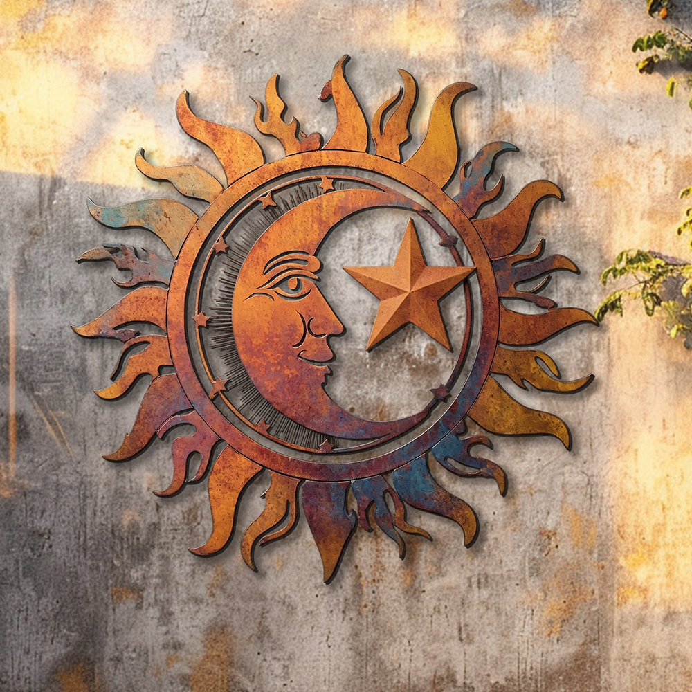 Rustic Sun Moon Star Metal Wall Art – UV Printed Decor Boho Indoor Outdoor