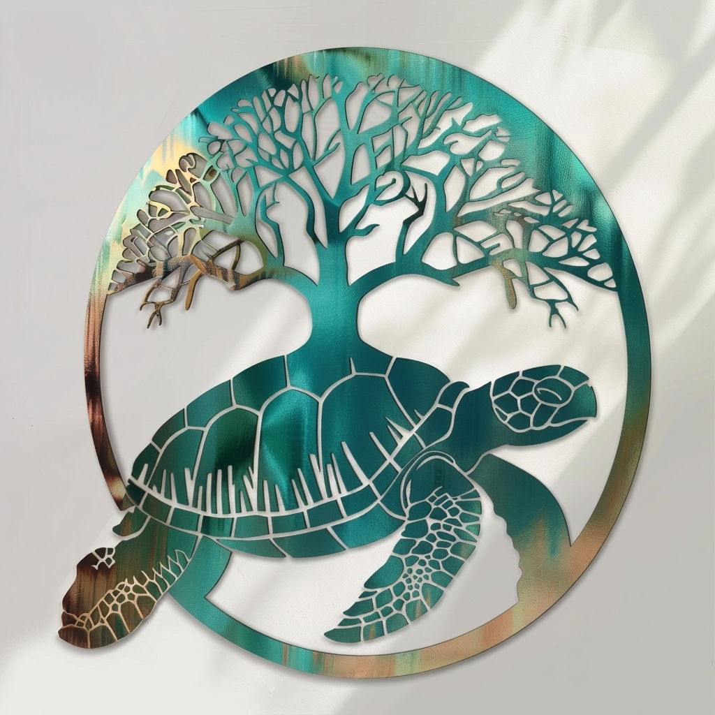 Colorful Sea Turtle Tree of Life Metal Wall Art, Coastal Ocean Decor for Patio