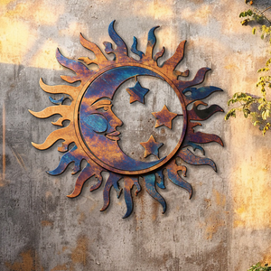 Blue Copper Sun Moon Star Metal Wall Art – UV Printed Decor Boho Indoor Outdoor