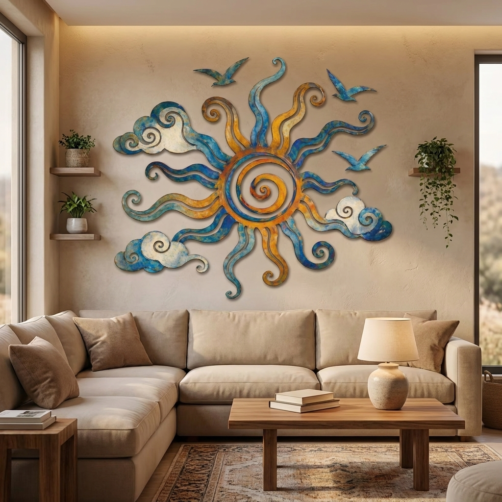 Colorful Sun and Moon Face Metal Wall Art, Celestial Boho Decor for Patio