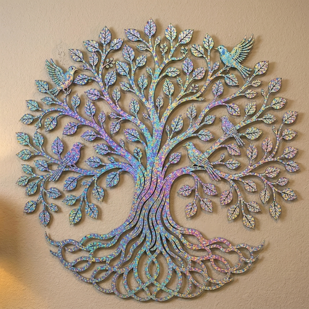 Holographic Tree of Life Metal Wall Art, Colorful Nature Decor for Patio