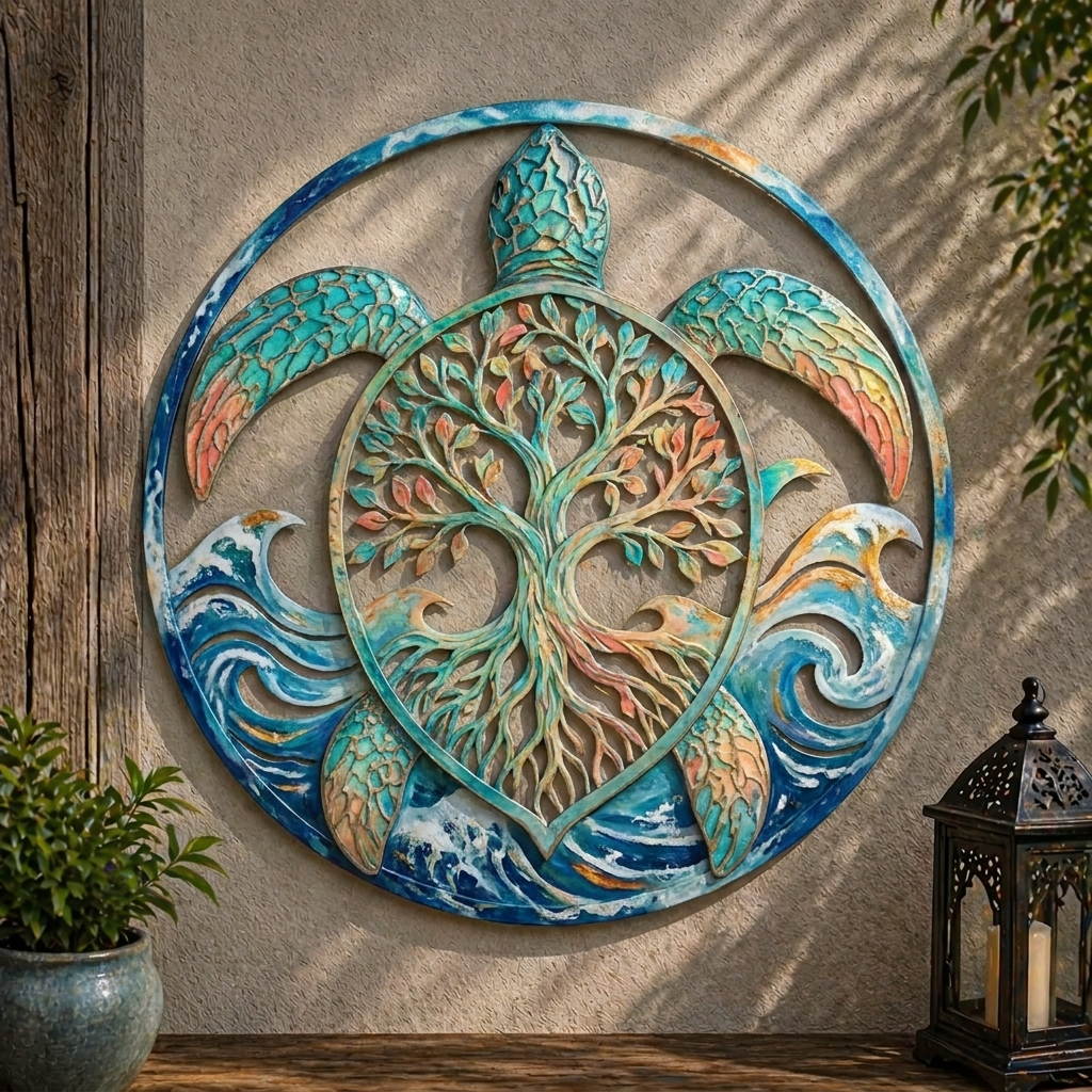 Colorful Sea Turtle Tree of Life Metal Wall Art, Coastal Ocean Decor for Patio