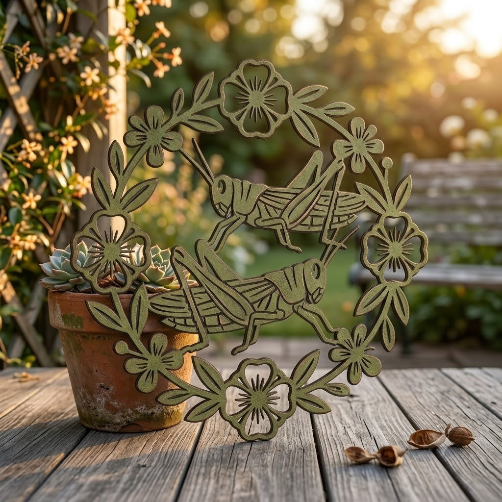 Cottagecore metal sign, dancing grasshoppers & floral wreath, botanical wall art