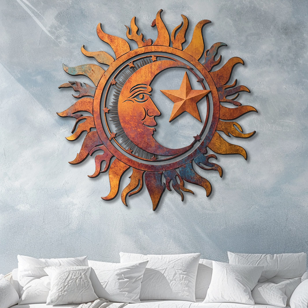 Rustic Sun Moon Star Metal Wall Art – UV Printed Decor Boho Indoor Outdoor