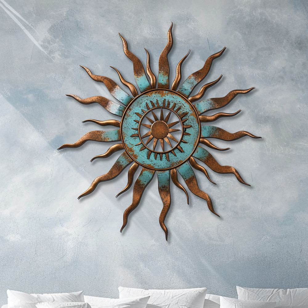 Turquoise Sun Metal Wall Art – UV Printed Aluminum Decor for Indoor &amp; Outdoor