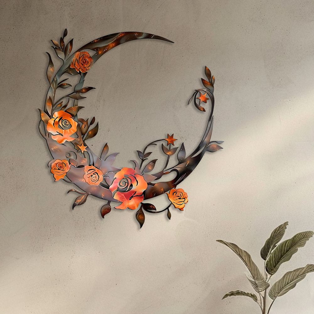 Rustic Moon Flower Metal Wall Art – UV Printed Aluminum Decor Boho Indoor Outdoor