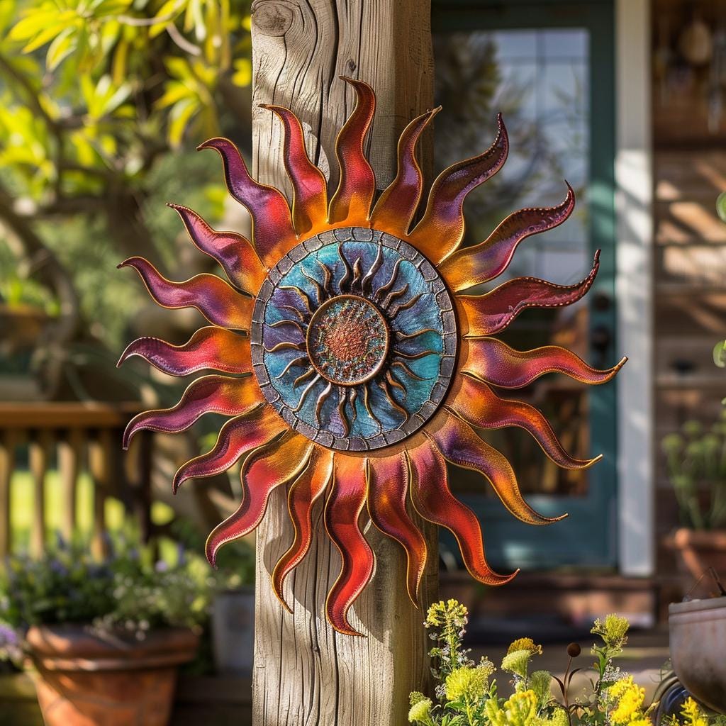 Metal Sun Wall Art Outdoor Garden Decor Celestial Sun Hanging Patio Porch Fence Rustic Boho Colorful Metal Wall Sculpture for Yard Gift