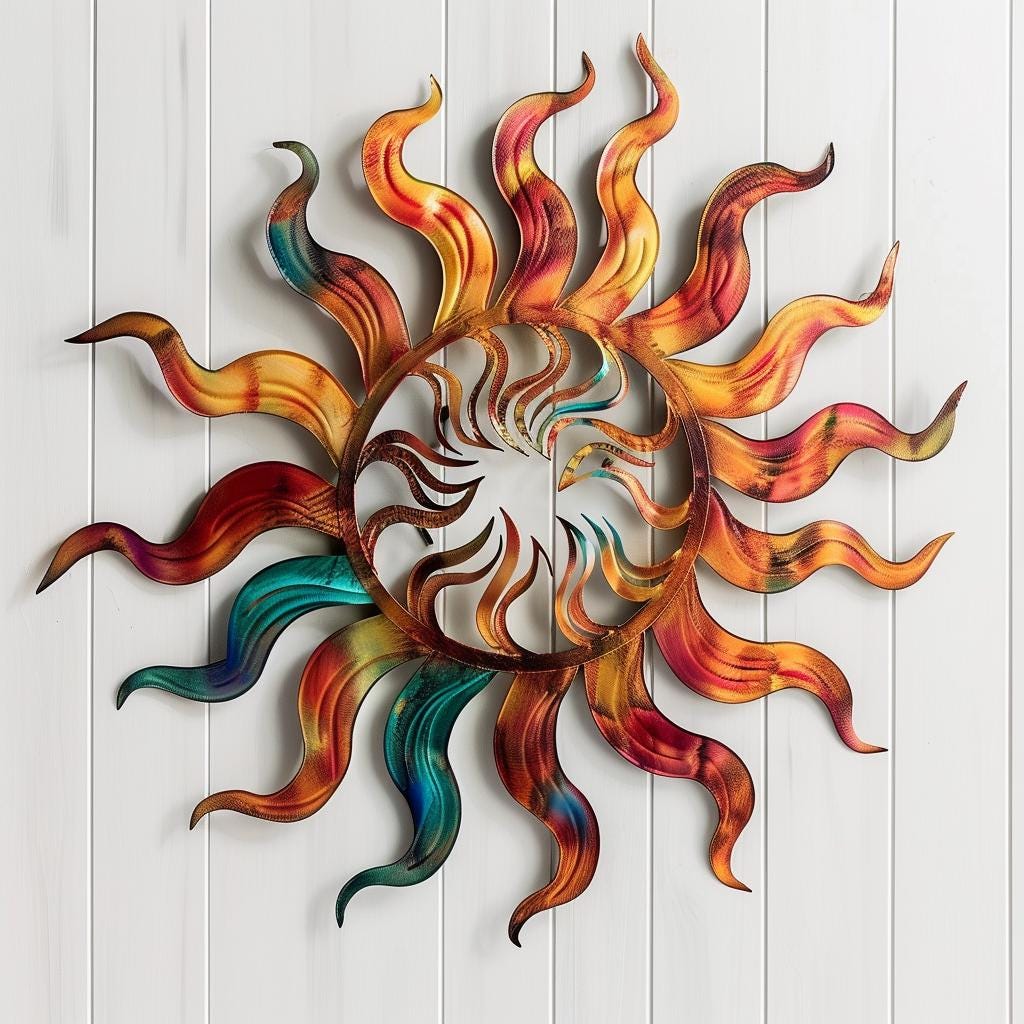 Colorful Sunburst Metal Wall Art Boho Abstract Sculpture Indoor Outdoor Decor Vibrant Sun Wall Hanging Patio Garden Large Statement Piece