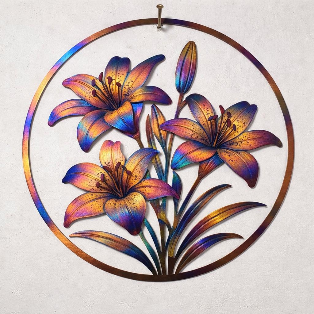 Metal Lily Wall Art Vibrant 2D Floral Circle Decor Iridescent Metal Sign for Home &amp; Garden Colorful Flower Sculpture for Courtyard and Yard