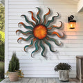 Whimsical wacky sun metal wall art with torched iridescent colors printed on aluminum for patio garden decor
