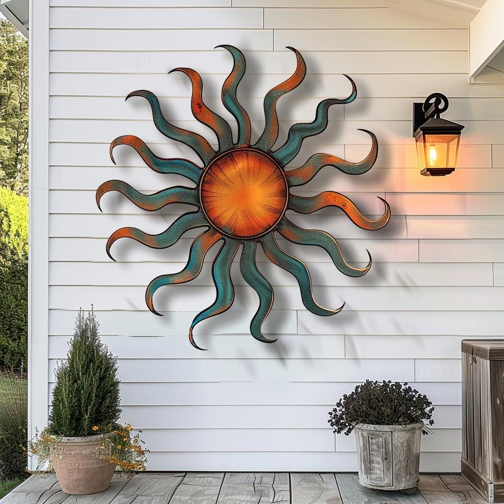 Whimsical wacky sun metal wall art with torched iridescent colors printed on aluminum for patio garden decor