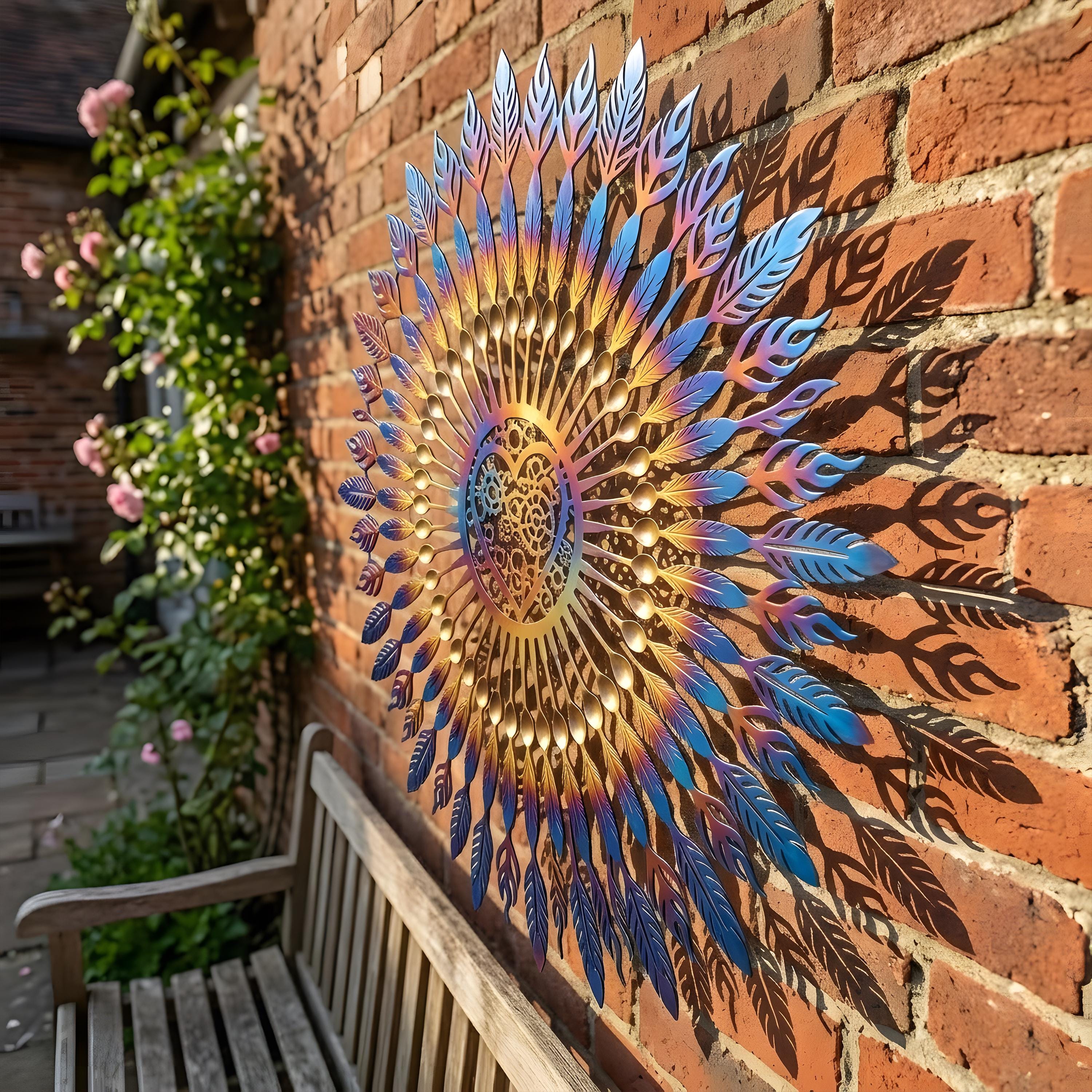 Whimsical Spiral Sun Metal Wall Art - Heat Colored, Colorful Flower Patio &amp; Garden Decor Unique Outside Wall Decor for Home Garden