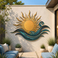 Sun and wave metal wall art featuring a golden sunrise over blue ocean waves, printed on aluminum for coastal home decor