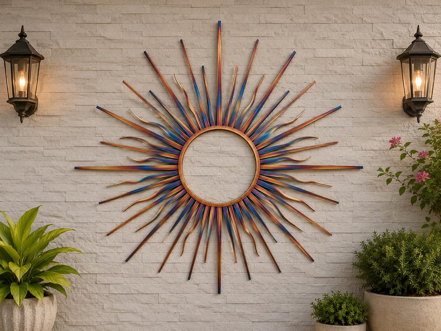 Large Sun Metal Wall Art Heat Colored Sunrise Decor Outdoor Garden Wall Hanging Modern Patio Sunburst Home Decor Gift