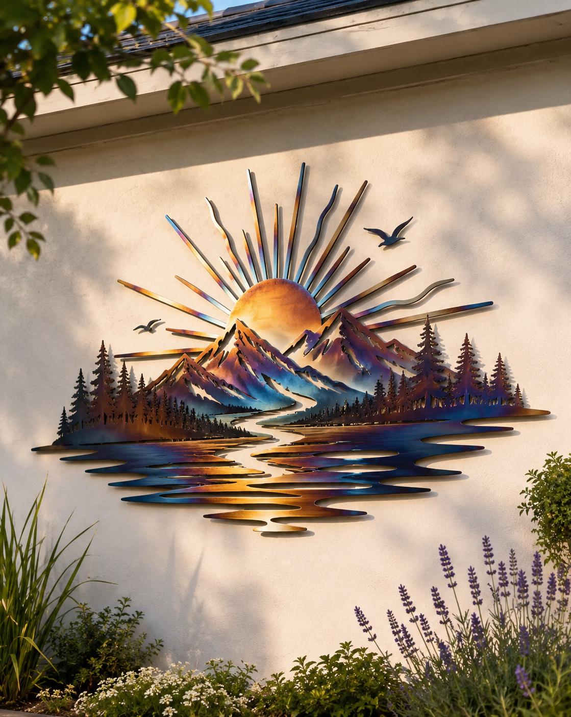 Mountain Sunrise Metal Wall Art Heat Colored Landscape Decor Outdoor Garden Wall Hanging Rustic Nature Home Decor Gift