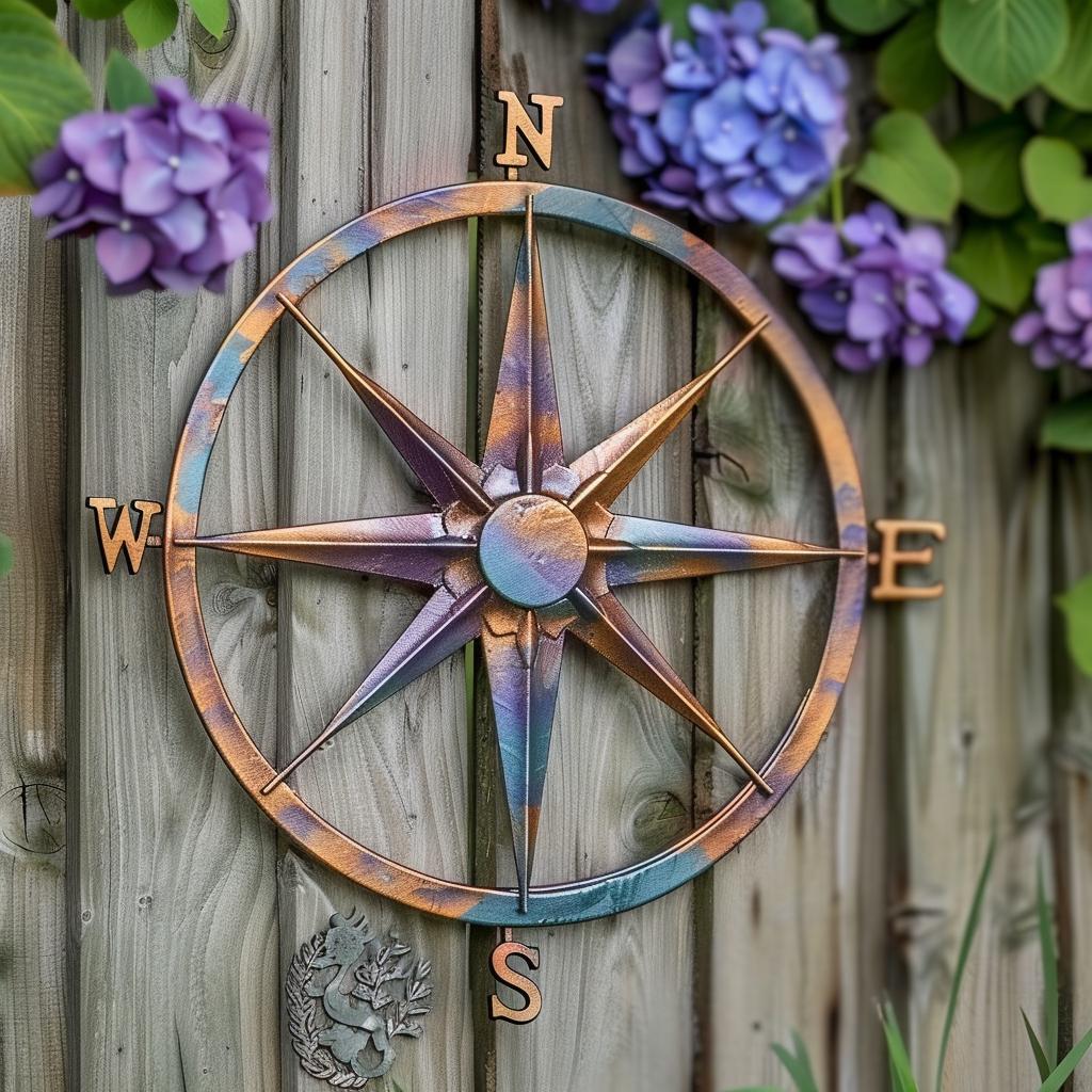 Nautical Compass Metal Wall Art Outdoor Directional Sign Heat Colored Steel Decor Handmade Coastal Garden Fence Wall Decor Gift