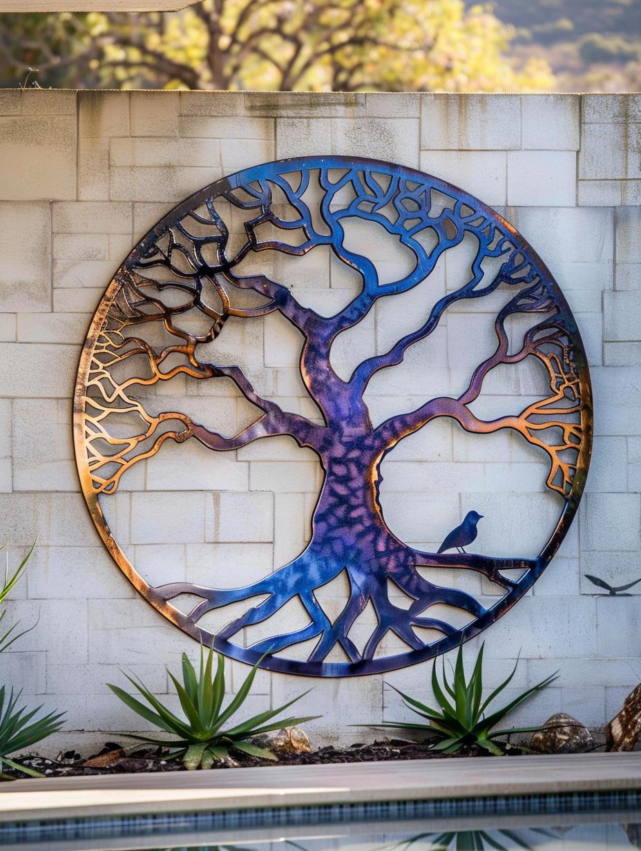 Tree of Life Metal Wall Art Heat Colored Outdoor Garden Decor Titanium Metal Sign Spiritual Wall Hanging Handmade Patio Yard Decor Gift