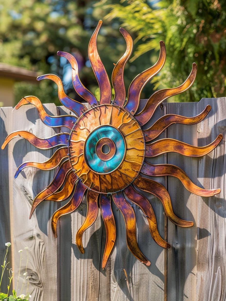 Wacky Sun Metal Wall Art Heat Colored Titanium Sun Sign Whimsical Spiral Sun Outdoor Patio Garden Decor Unique Handmade Gift
