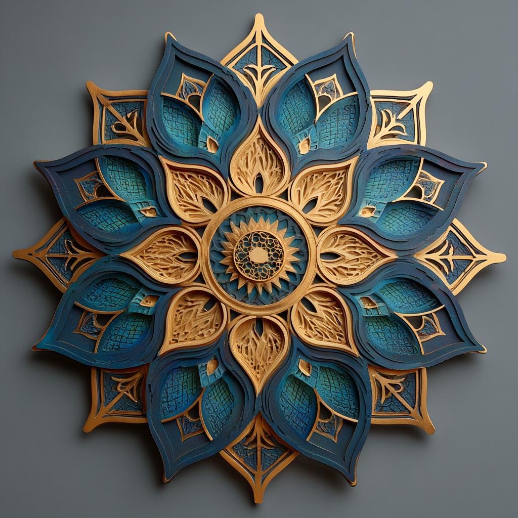 Mandala metal wall art with sacred geometry lotus patterns in warm tones printed on aluminum for yoga studio decor