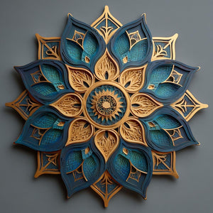 Mandala metal wall art with sacred geometry lotus patterns in warm tones printed on aluminum for yoga studio decor
