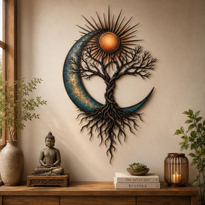 Celtic tree of life metal wall art with sun and moon motifs in boho spiritual style printed on aluminum