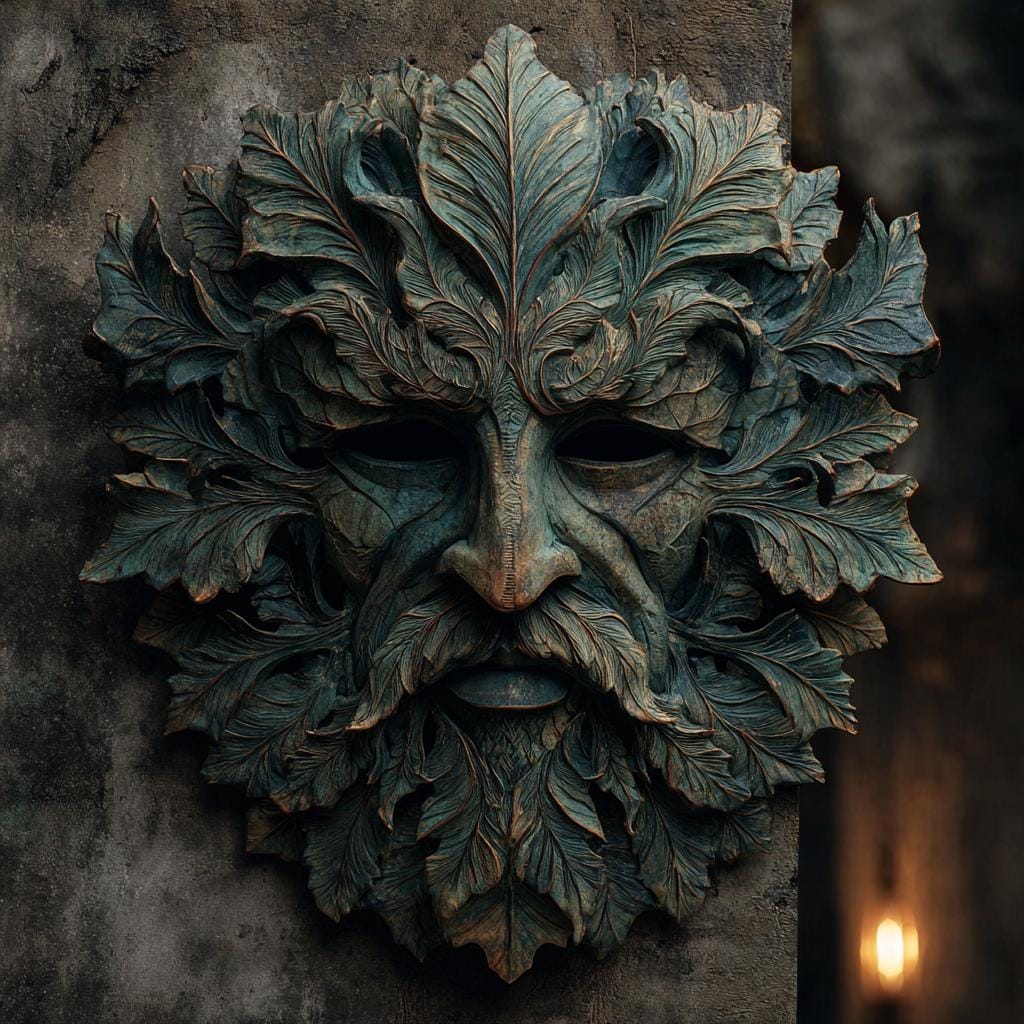 Green Man Metal Wall Art, Celtic Forest Decor, Rustic Nature Plaque, Fantasy Home Decoration UV printed on aluminum