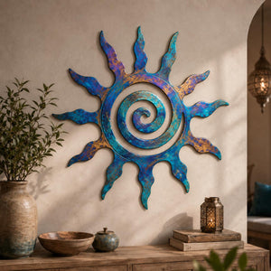 Celestial sun metal wall art in turquoise and gold tones with boho sunburst design printed on aluminum