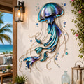 Jellyfish metal wall art with flowing tentacles and vibrant metallic ocean colors printed on aluminum