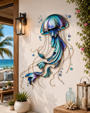 Jellyfish metal wall art with flowing tentacles and vibrant metallic ocean colors printed on aluminum