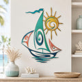 Sailboat metal wall art with blue ocean waves and sailing ship design printed on aluminum for coastal decor