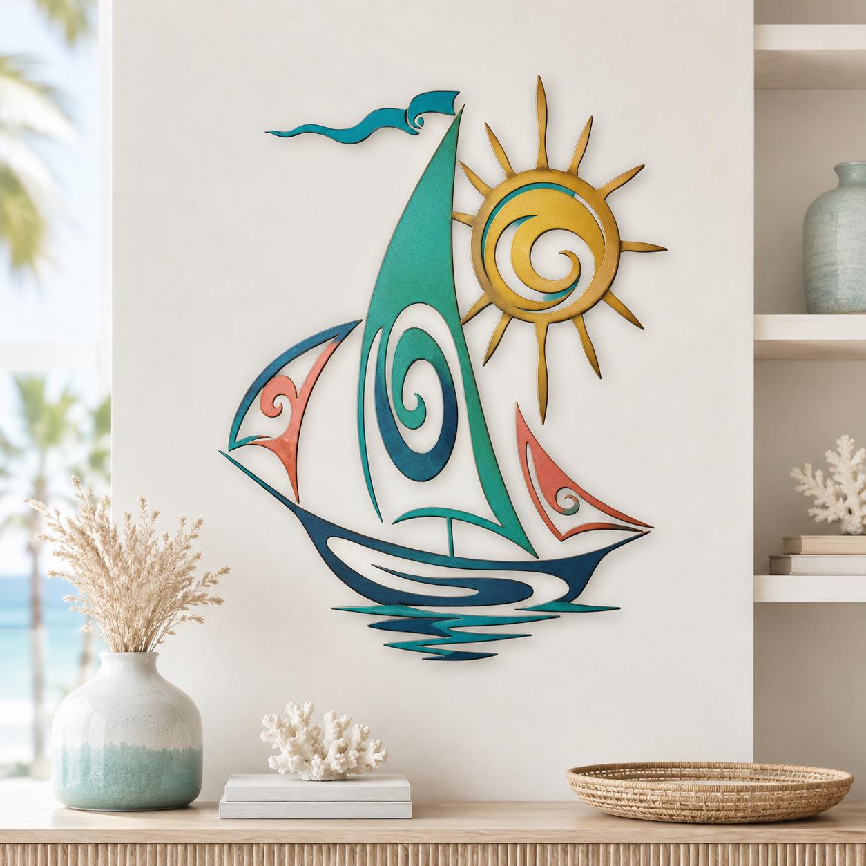 Sailboat metal wall art with blue ocean waves and sailing ship design printed on aluminum for coastal decor