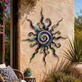 Blue and gold sun metal wall art with coastal ocean-inspired design printed on aluminum for luxury home decor
