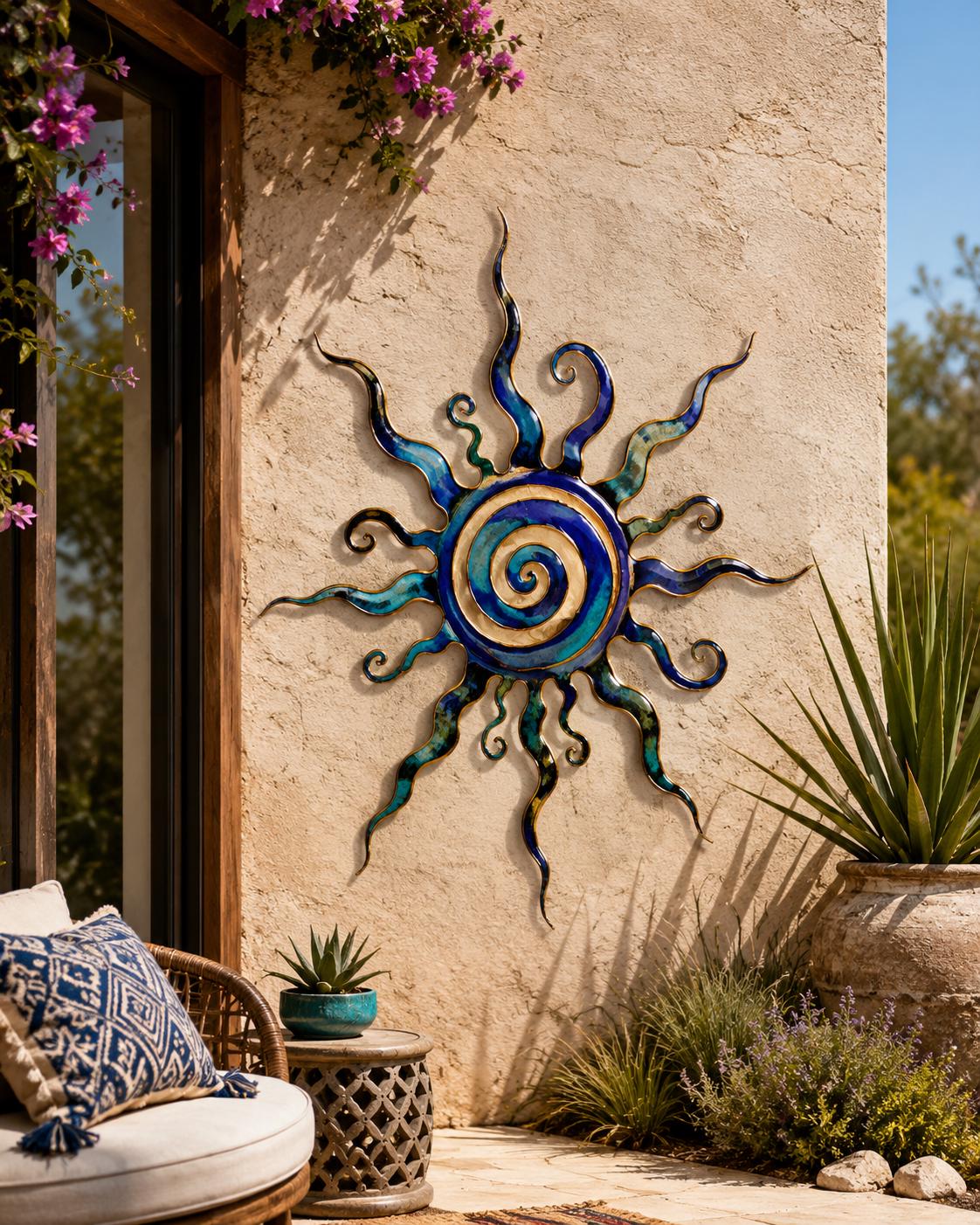 Blue and gold sun metal wall art with coastal ocean-inspired design printed on aluminum for luxury home decor