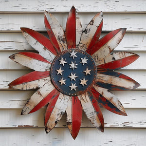 Patriotic sunflower metal wall art with red white and blue American flag petals printed on aluminum