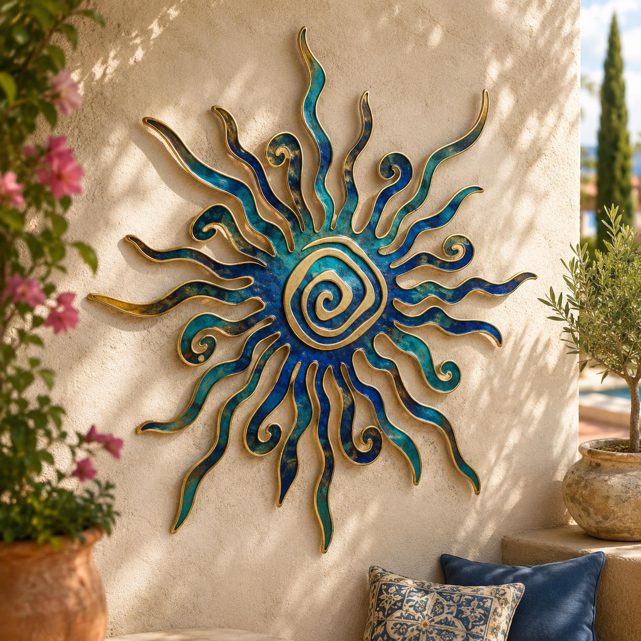 Sunburst metal wall art with flowing rays and rustic boho texture printed on aluminum for farmhouse decor