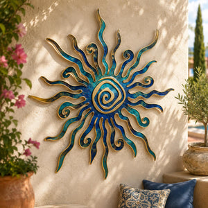 Sunburst metal wall art with flowing rays and rustic boho texture printed on aluminum for farmhouse decor