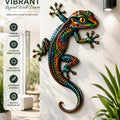 Colorful gecko lizard metal wall art with vibrant artistic patterns printed on aluminum for tropical patio decor