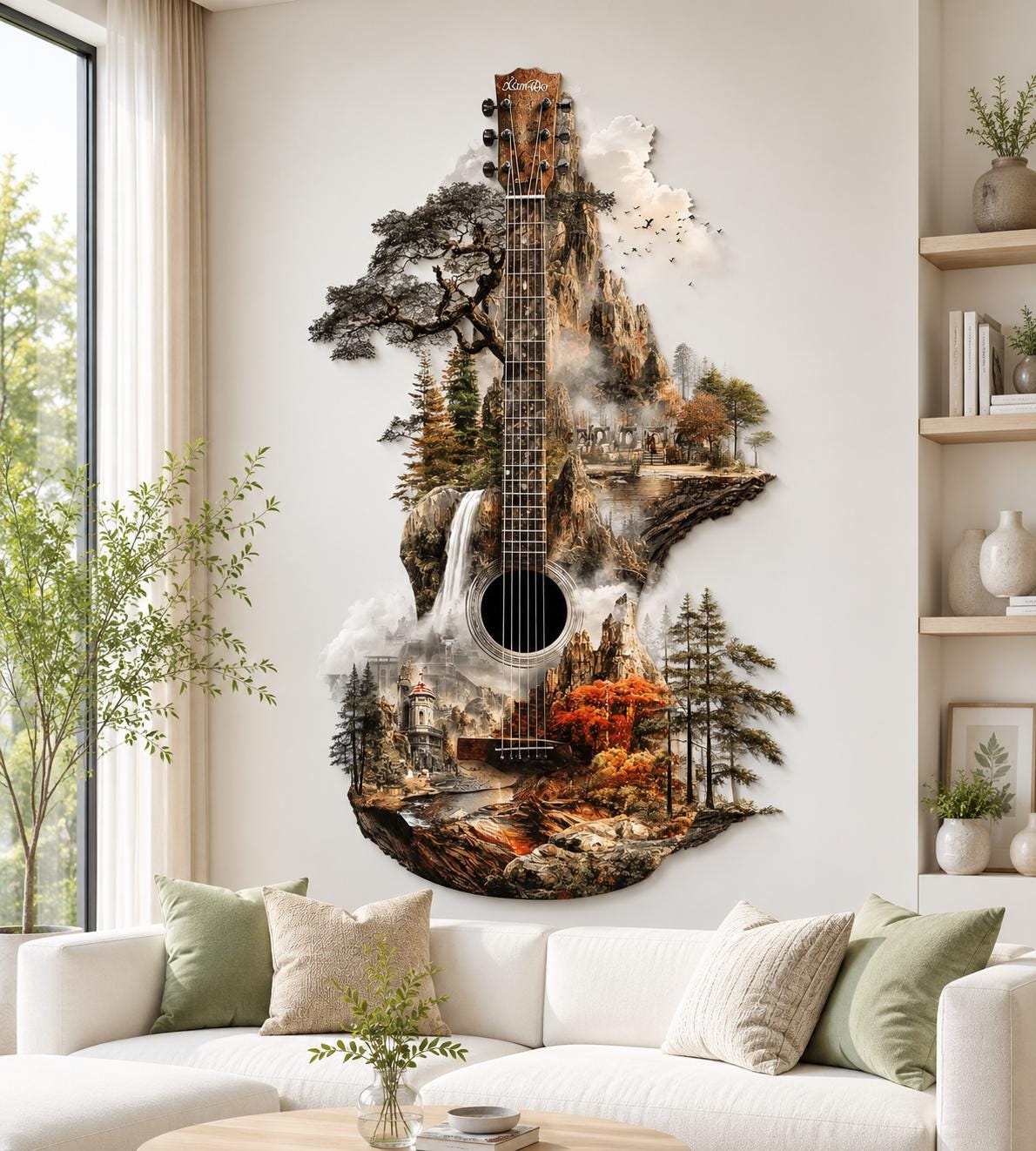 Guitar-shaped metal wall art with a nature landscape scene printed inside the silhouette on aluminum