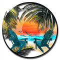 Tropical Beach Metal Wall Art: Coastal Sunset, Palm Trees, Adirondack Chairs Sign UV printed on aluminum