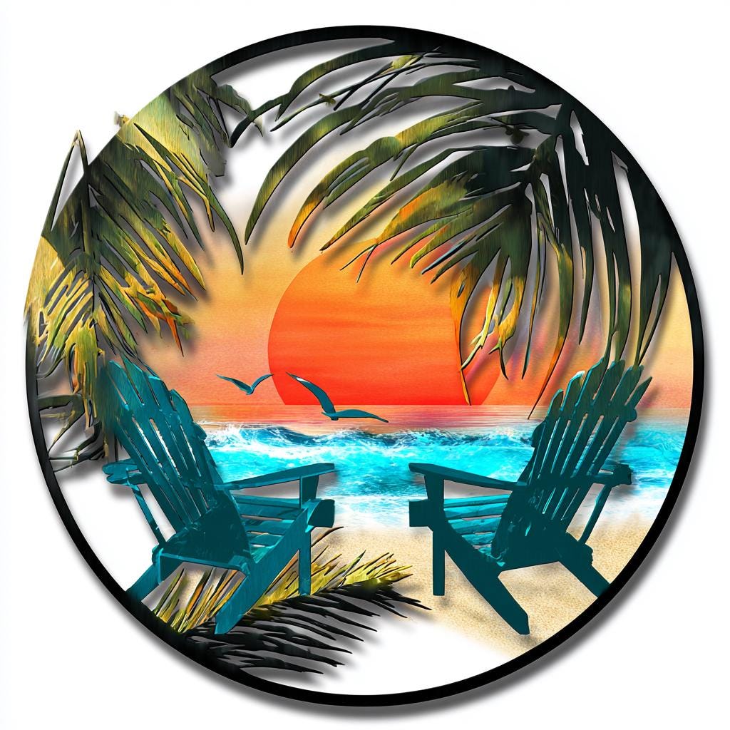 Tropical Beach Metal Wall Art: Coastal Sunset, Palm Trees, Adirondack Chairs Sign UV printed on aluminum