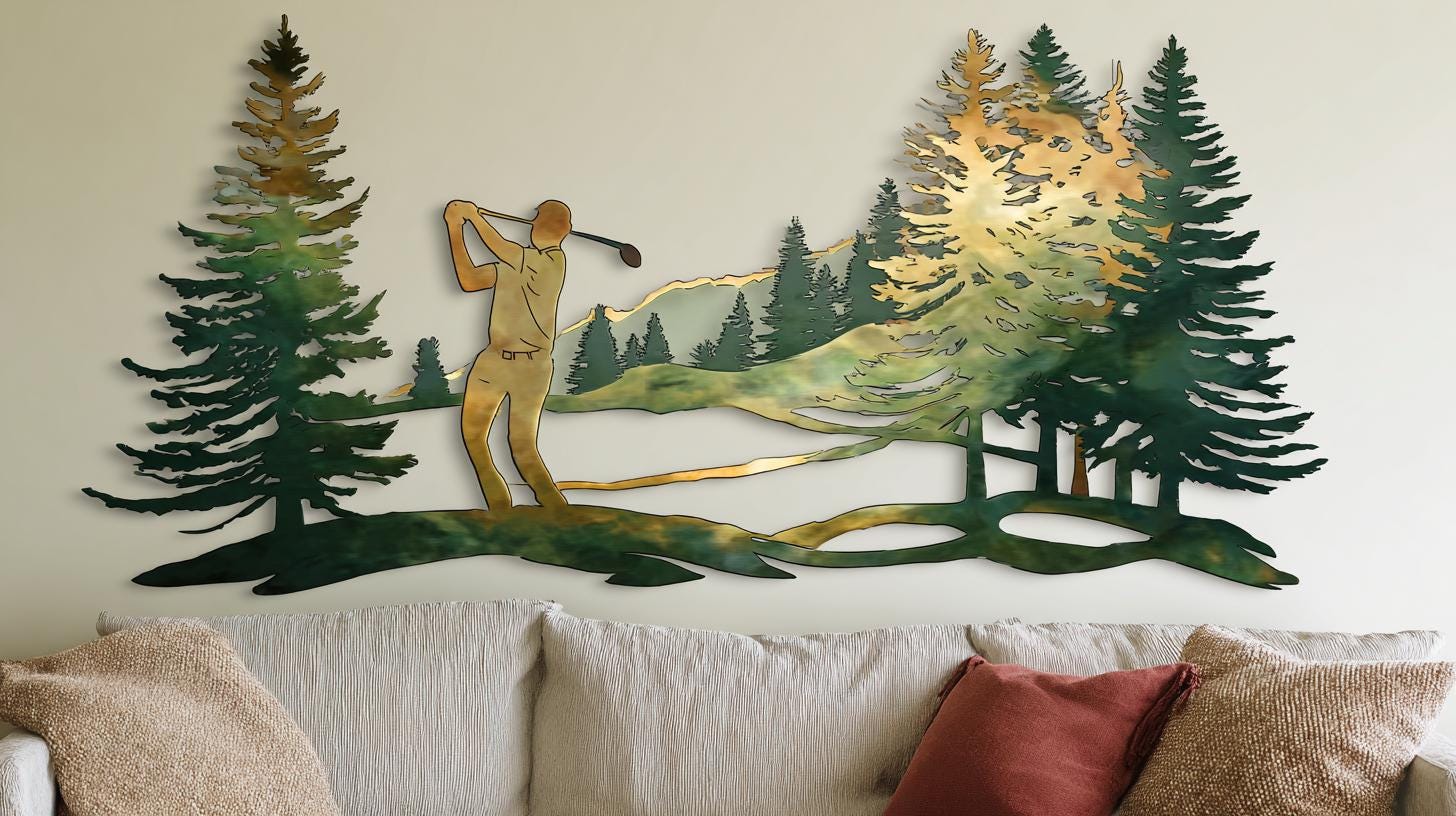 Golf Metal Wall Art, Colorful Golfer Scene, Laser Cut Metal Sign, Man Cave Decor UV printed on aluminum