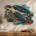 Sea turtle metal wall art with detailed marine life design printed on aluminum for coastal beach house decor