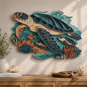 Sea turtle metal wall art with detailed marine life design printed on aluminum for coastal beach house decor