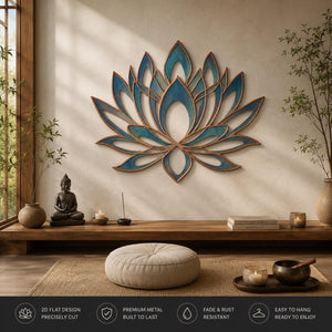 Lotus flower metal wall art in zen style with petal details printed on aluminum for yoga room and meditation decor