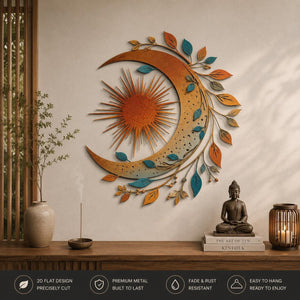 Sun and moon celestial metal wall art with crescent moon and sunburst design printed on aluminum for boho decor