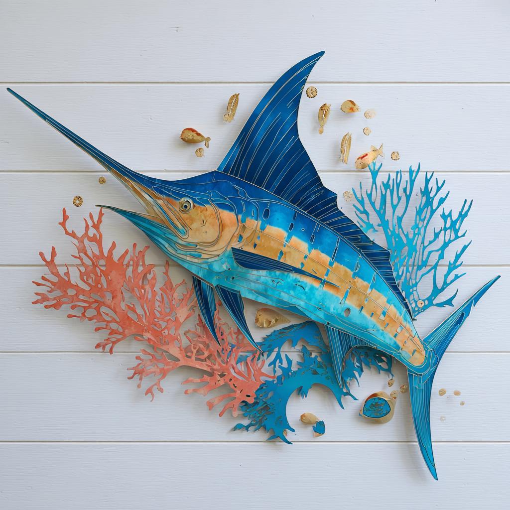 Swordfish marlin metal wall art with bold ocean colors and dynamic movement printed on aluminum for coastal decor