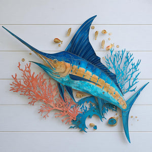 Swordfish marlin metal wall art with bold ocean colors and dynamic movement printed on aluminum for coastal decor