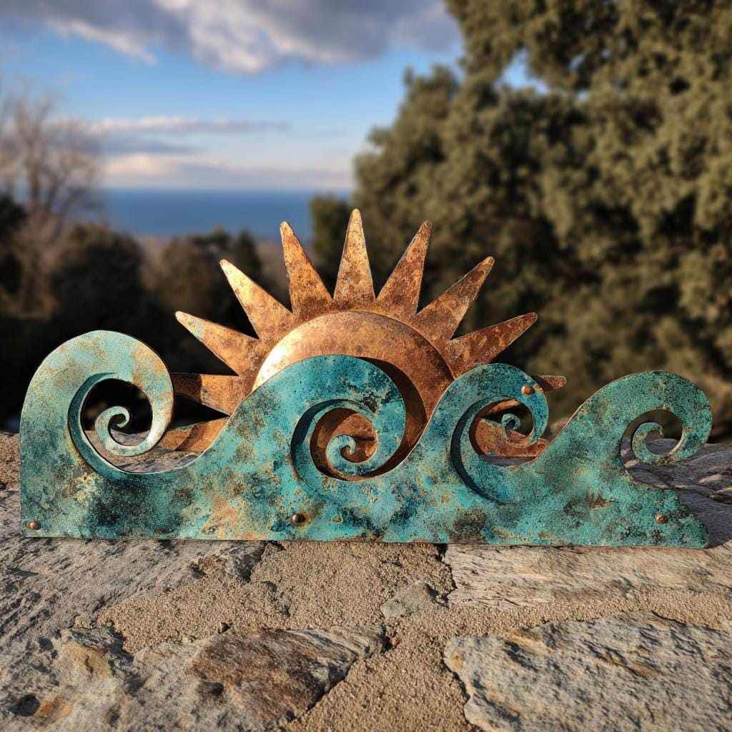 Ocean wave and sun metal wall art with warm sunrise tones and turquoise waves printed on aluminum for beach decor
