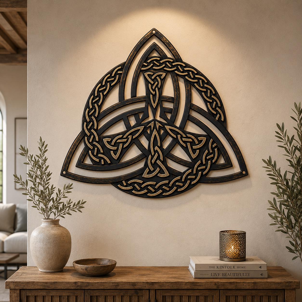 Three-piece metal wall art set with sun, waves, and tree of life designs printed on aluminum for coastal interiors