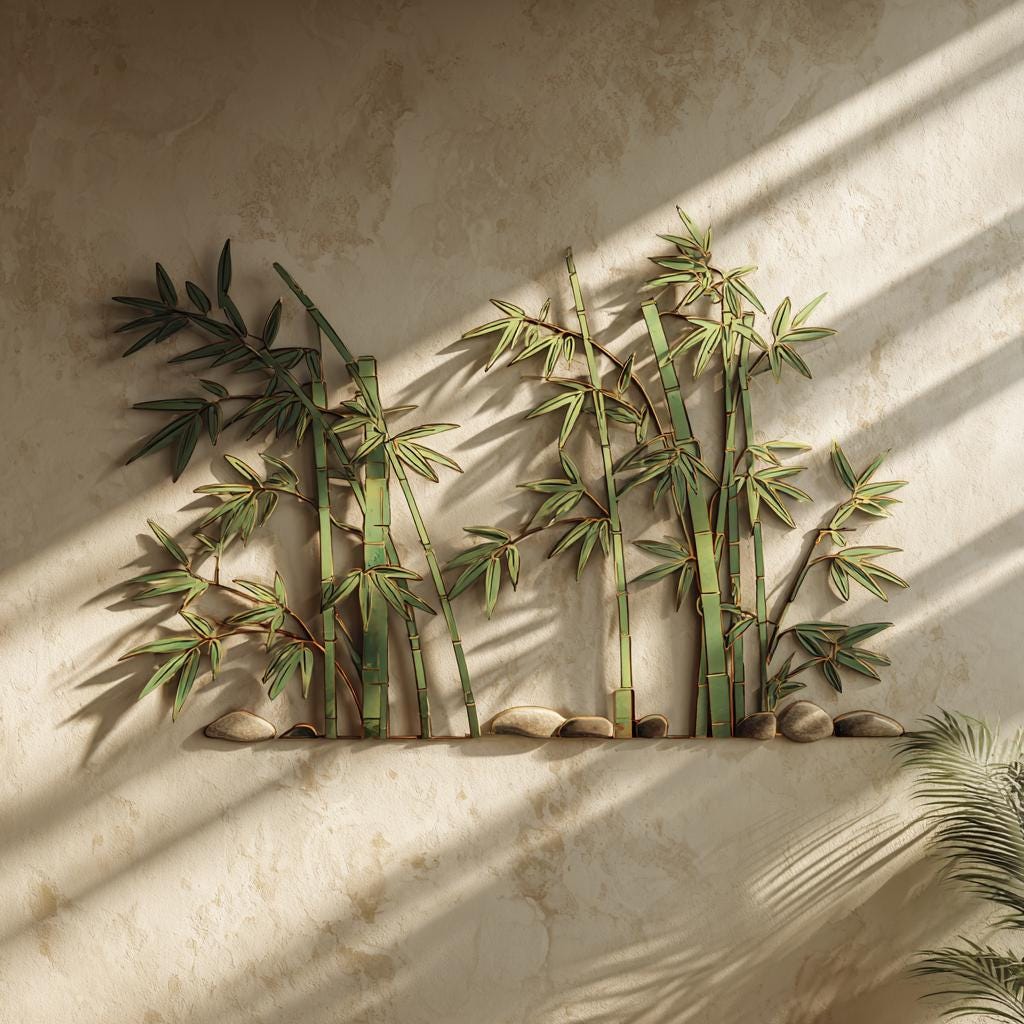 Bamboo metal wall art with graceful stalks and leaves in zen botanical style printed on aluminum for home decor